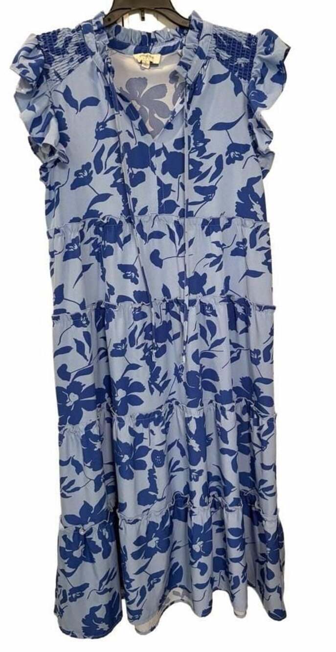 Umgee Blue Floral Tiered Midi Dress with Ruffle Flutter Sleeves Boho Tropical Sm